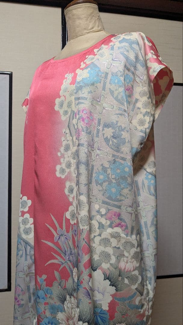 着物リメイク　振袖ピンク　バックループ　ロングワンピース　チュニック