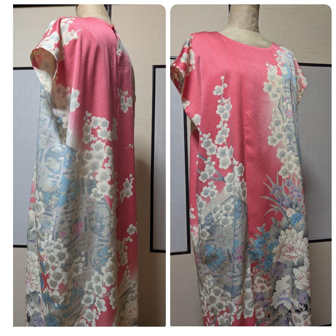 着物リメイク　振袖ピンク　バックループ　ロングワンピース　チュニック