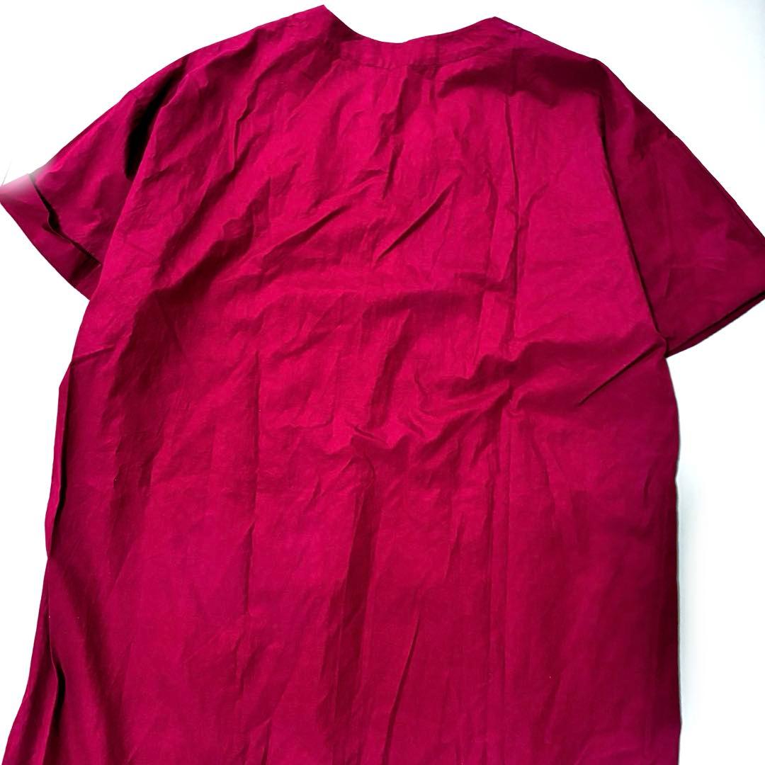 美品 SAQUI コットンタイプライター Vネック ワンピース ボルドー 五分袖