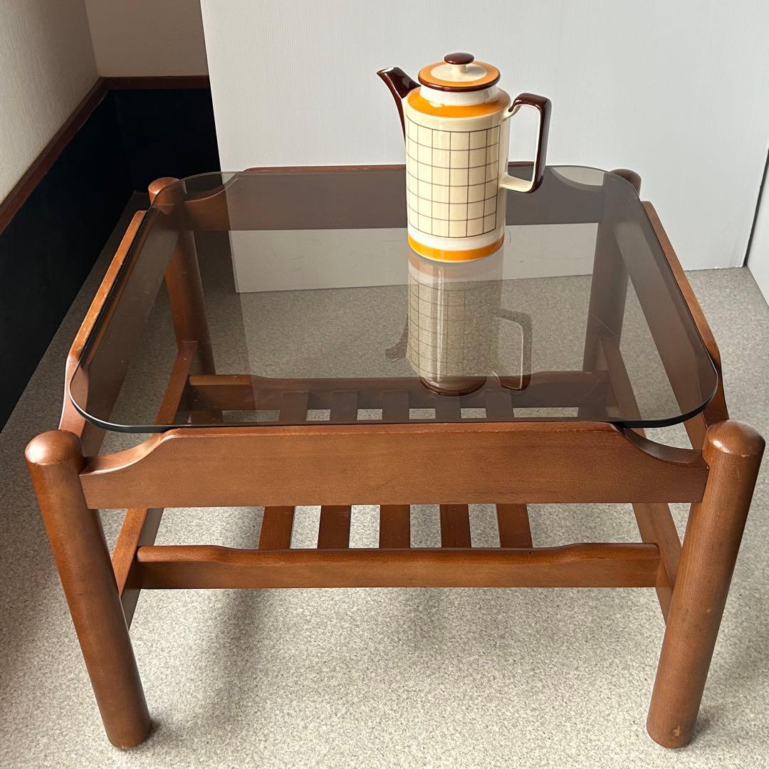 ヴィンテージ スモーク 木製ガラステーブル 北欧　ミッドセンチュリー　モダン