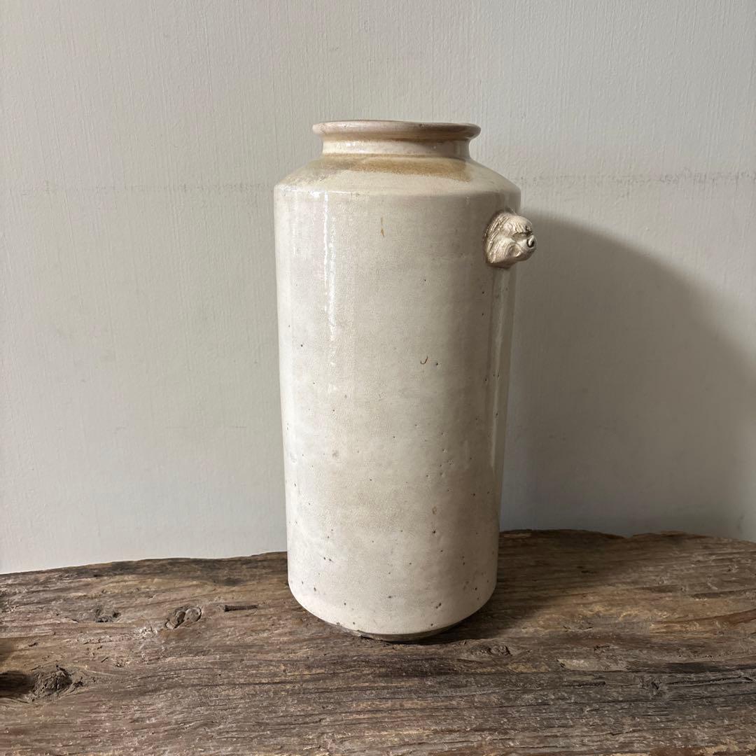 白釉　花入　花器　骨董　アンティーク　ガーデニング　古道具　民芸　検;白磁 李朝