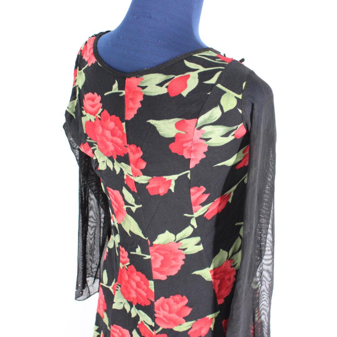 【美品 社交ダンス衣装】ワンピース ドレス 黒 赤 緑 花柄 フラワー