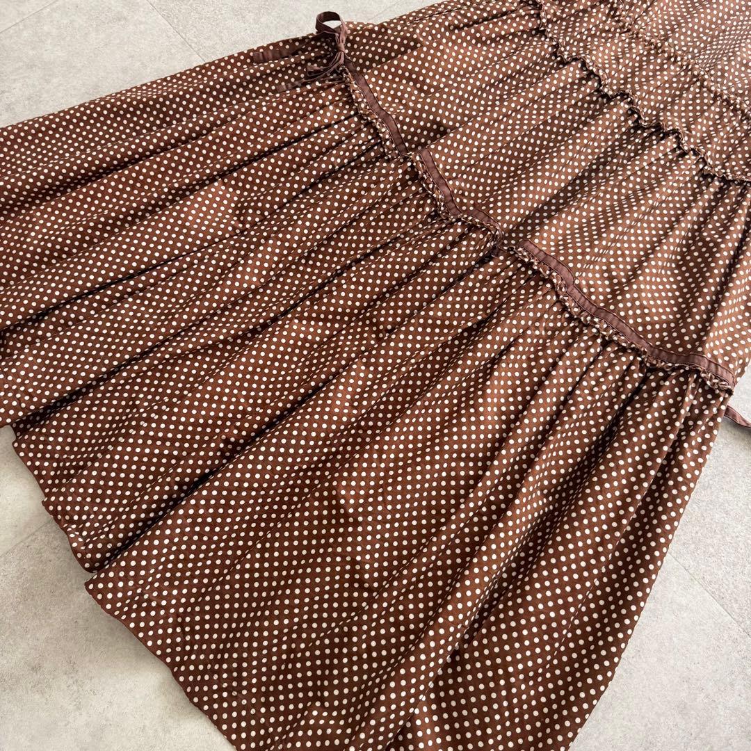 ピンクハウス　ロングワンピース　ティアード　リボン　フリル　ブラウン　水玉