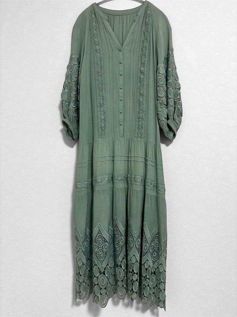 Diagram／グレースコンチネンタルレース切替ワンピースグリーン36上品 美品