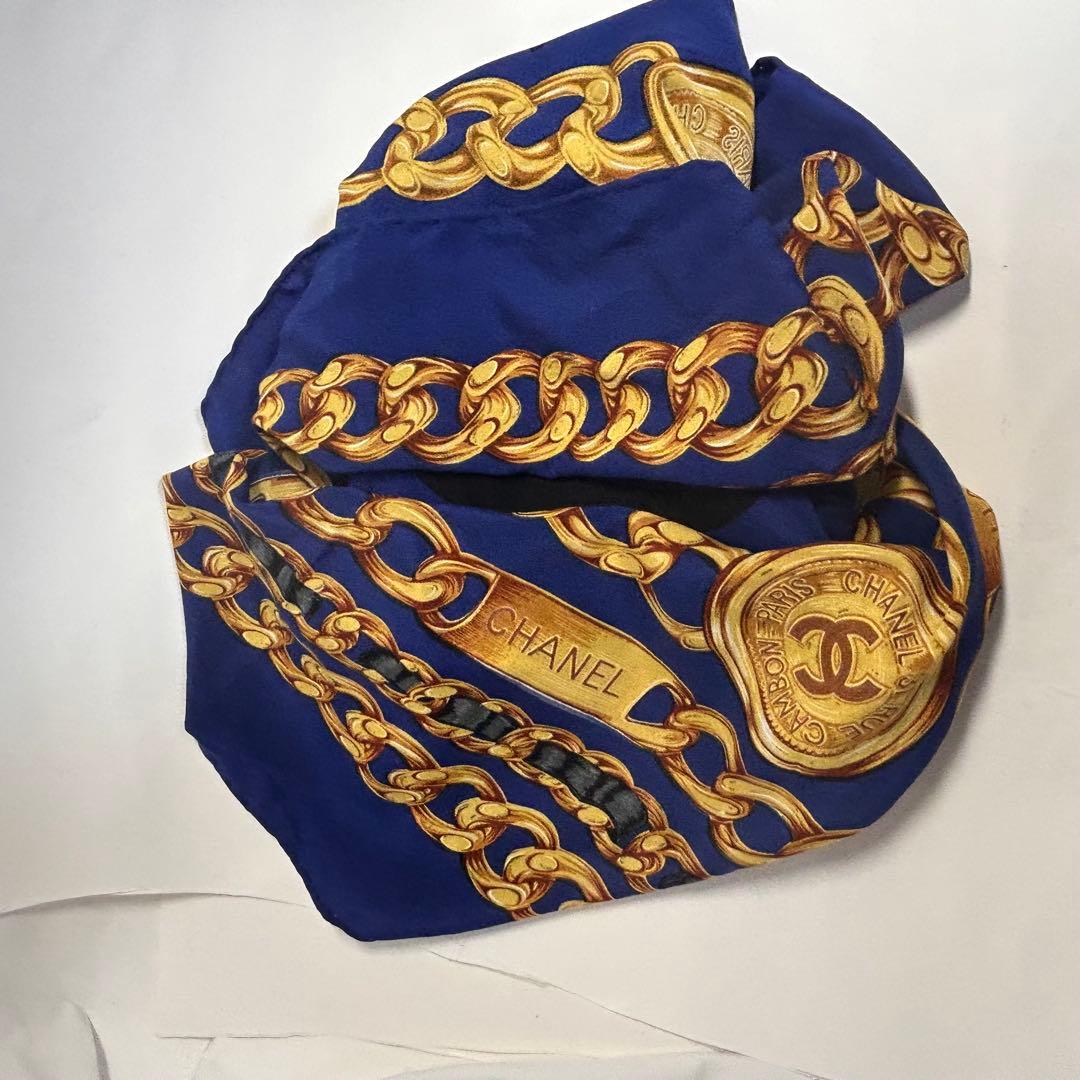 チ*ボ様 71631 CHANEL シルク スカーフ　チェーン柄　ブルー