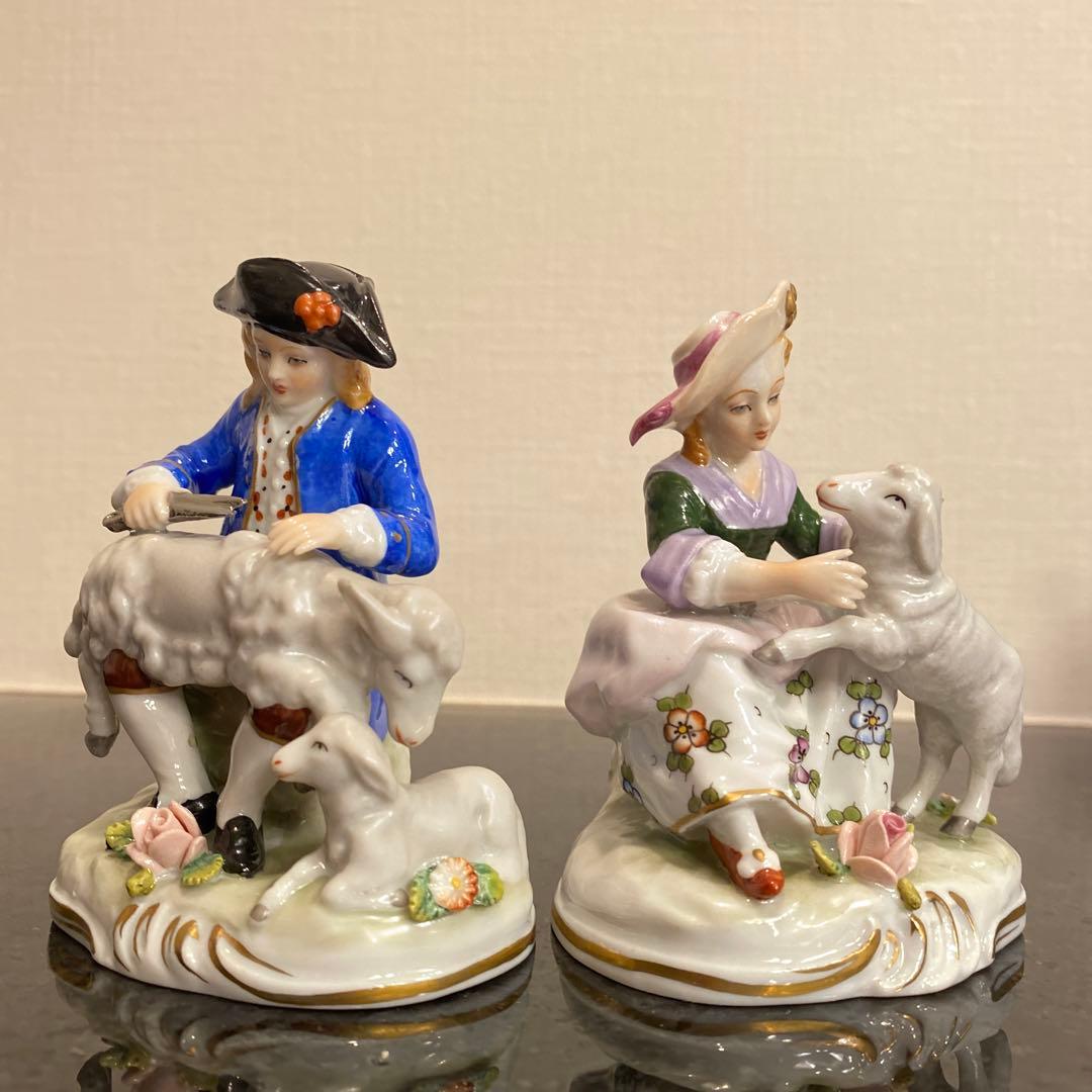 【希少♡一点物】ジッツェンドルフ　カップルと羊　磁器人形