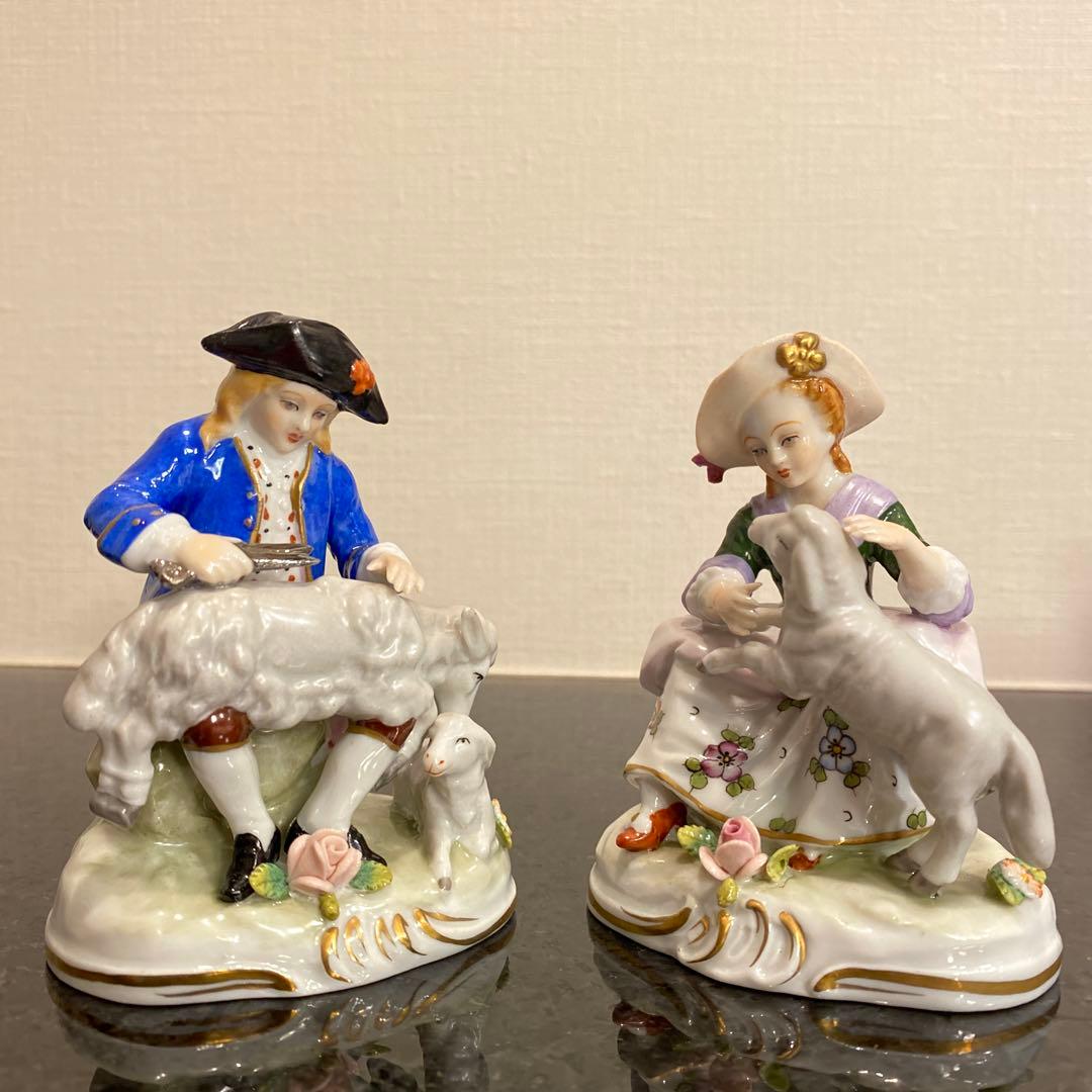 【希少♡一点物】ジッツェンドルフ　カップルと羊　磁器人形