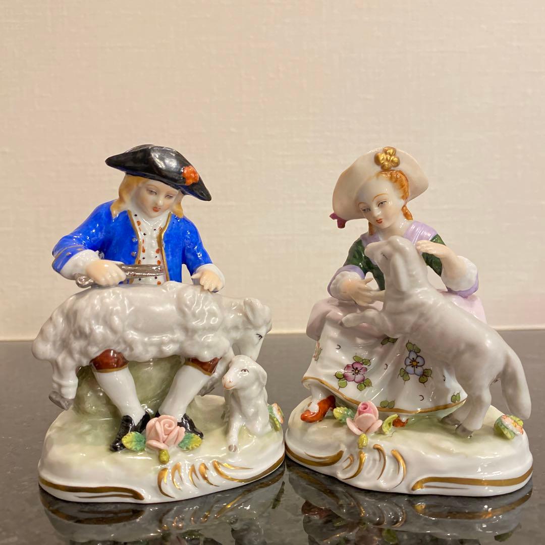 【希少♡一点物】ジッツェンドルフ　カップルと羊　磁器人形