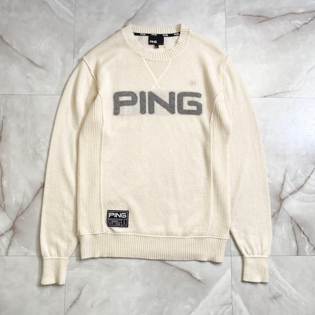 A18610 PING ゴールドライン カシミヤロゴクルーネックニット 白系M