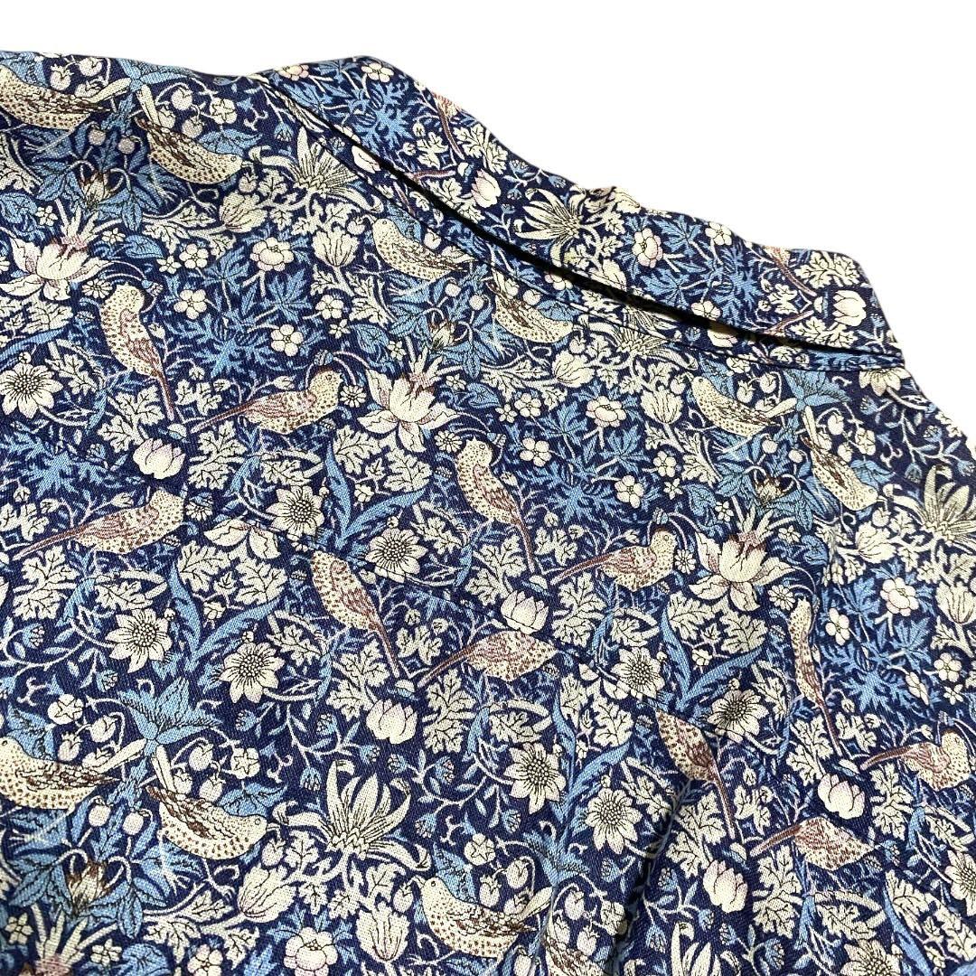 鎌倉シャツ　リバティ　花柄　ロングワンピース　リネン　半袖　ブルー　Lサイズ