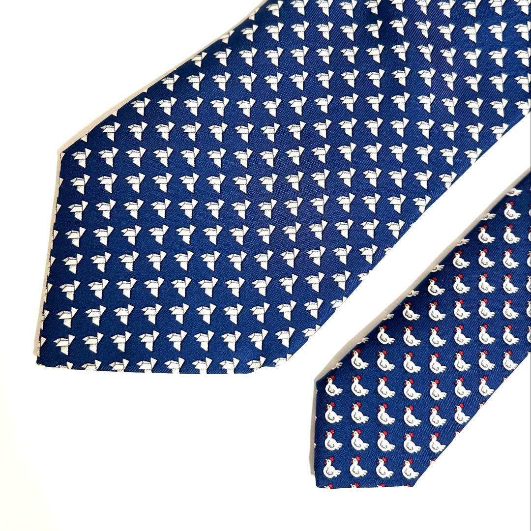 エルメス　HERMES　ニワトリ柄 ネクタイ　シルク　総柄　動物柄　幾何学模様