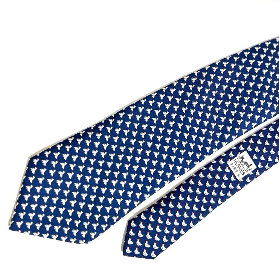 エルメス　HERMES　ニワトリ柄 ネクタイ　シルク　総柄　動物柄　幾何学模様