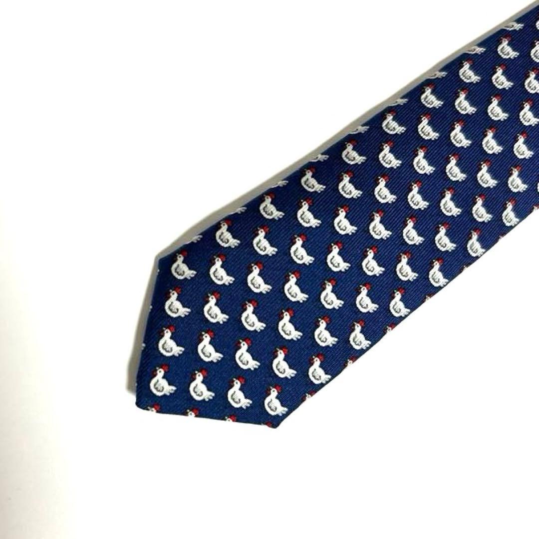 エルメス　HERMES　ニワトリ柄 ネクタイ　シルク　総柄　動物柄　幾何学模様