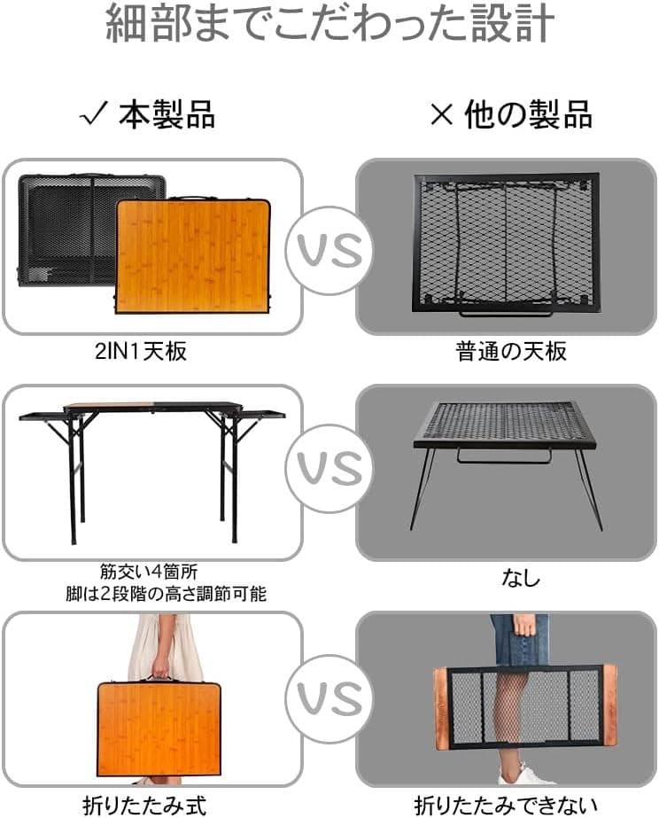 2WAY ハーフメッシュテーブル＋サイドテーブル 高さ２段階変更可能 アウトドア