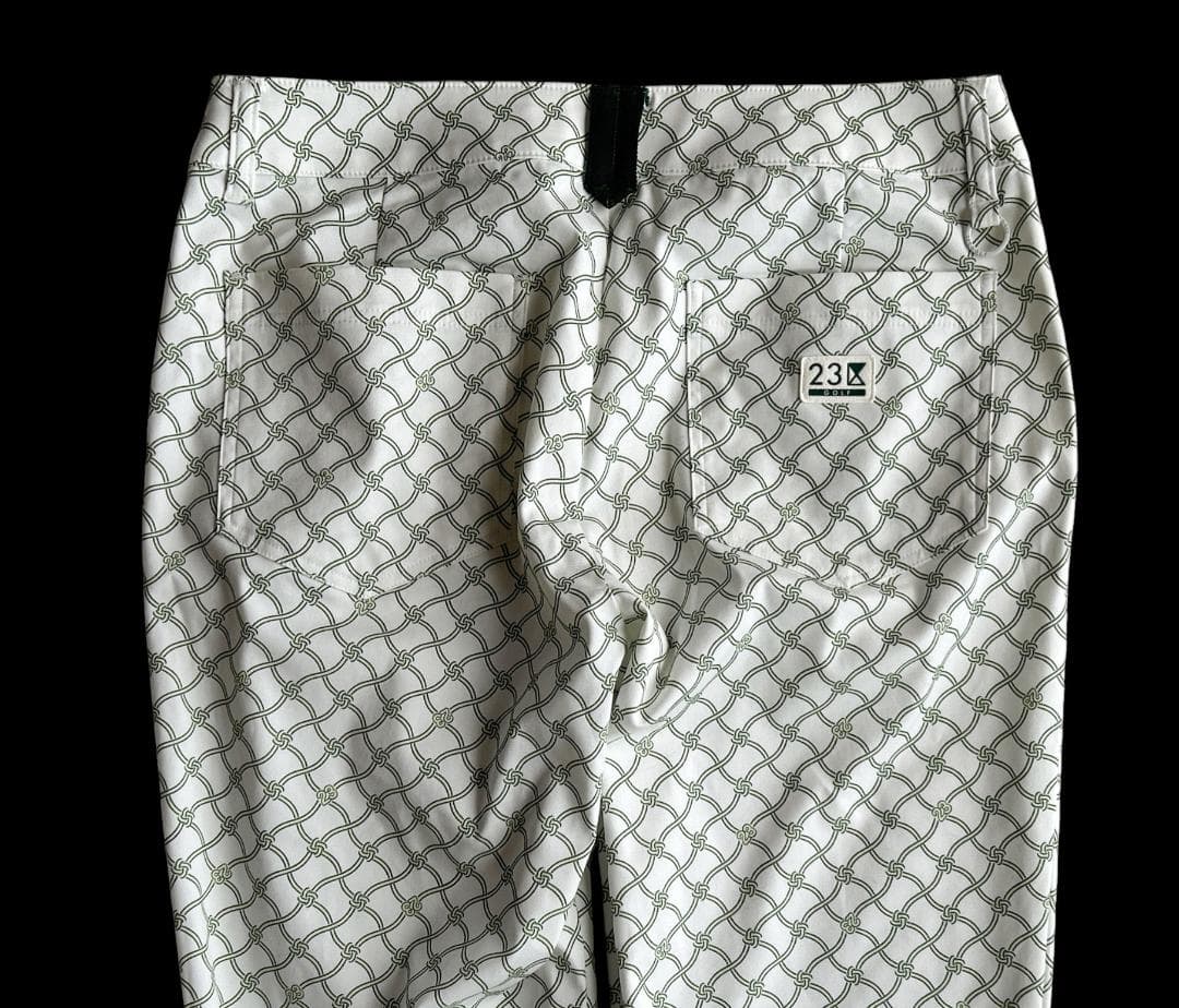 新品タグ付 23区ゴルフ 定価2.4万 総柄ロゴ ストレッチ美脚パンツ白✕緑
