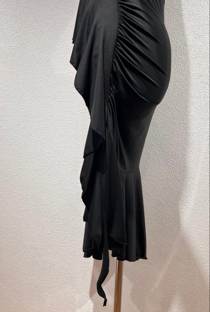 社交ダンス用黒ドレス　長袖・アシンメトリー　ラテンワンピース　L