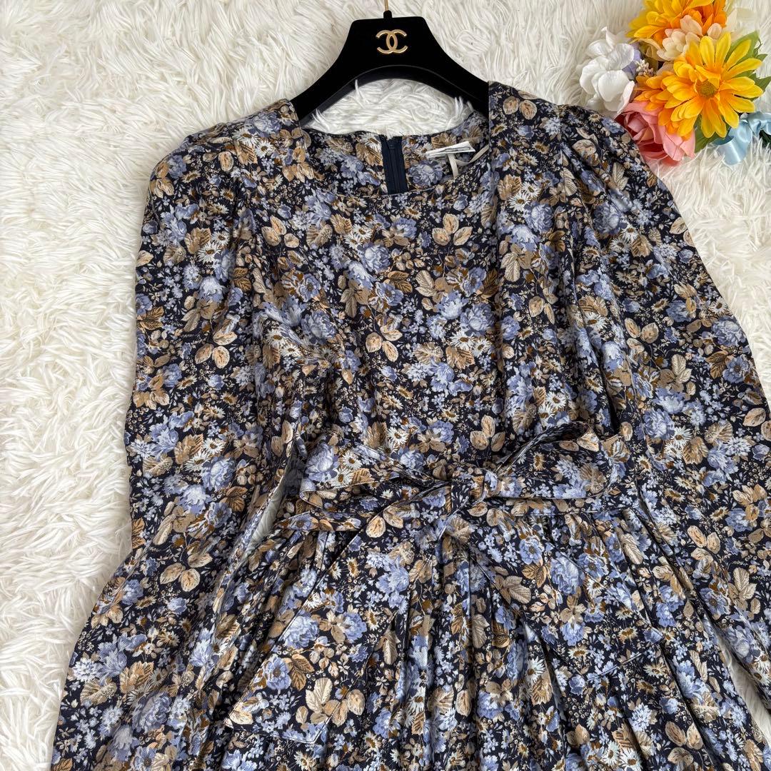 美品　ローラアシュレイ　花　ギャザー　スクエアネック　マキシ　ワンピース　ベルト