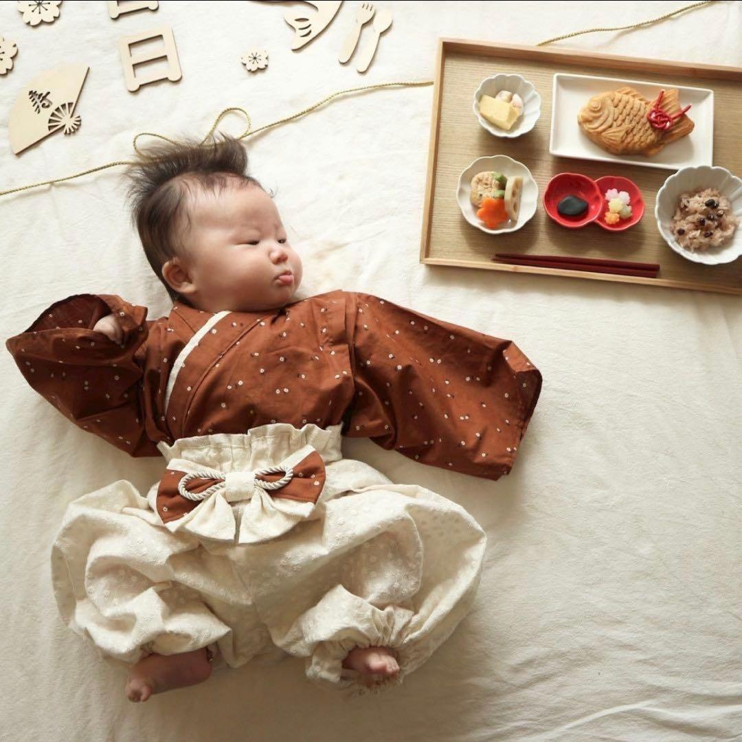 ベビー袴　ハンドメイド　女の子　80cm 花柄　お食い初め　100日祝い　雛祭り