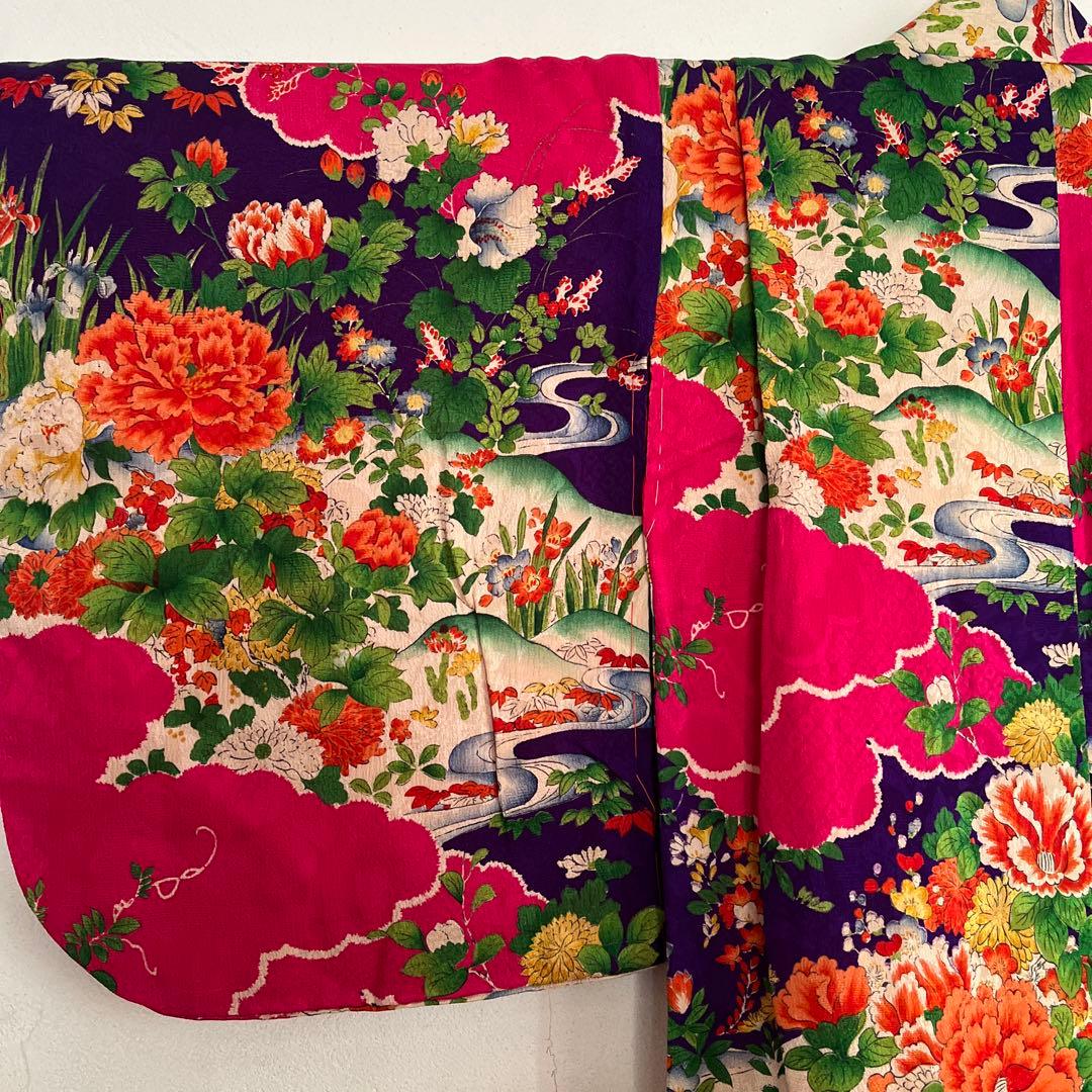 【極希】七五三 3歳〜5歳 アンティーク着物 大正ロマン 紫×マゼンタ 牡丹