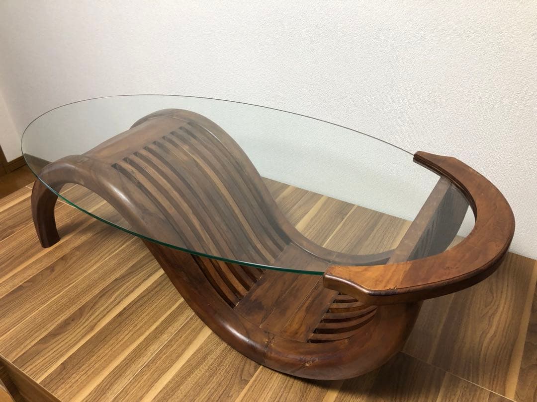 インドネシア家具 波型デザイン 木製ガラステーブル