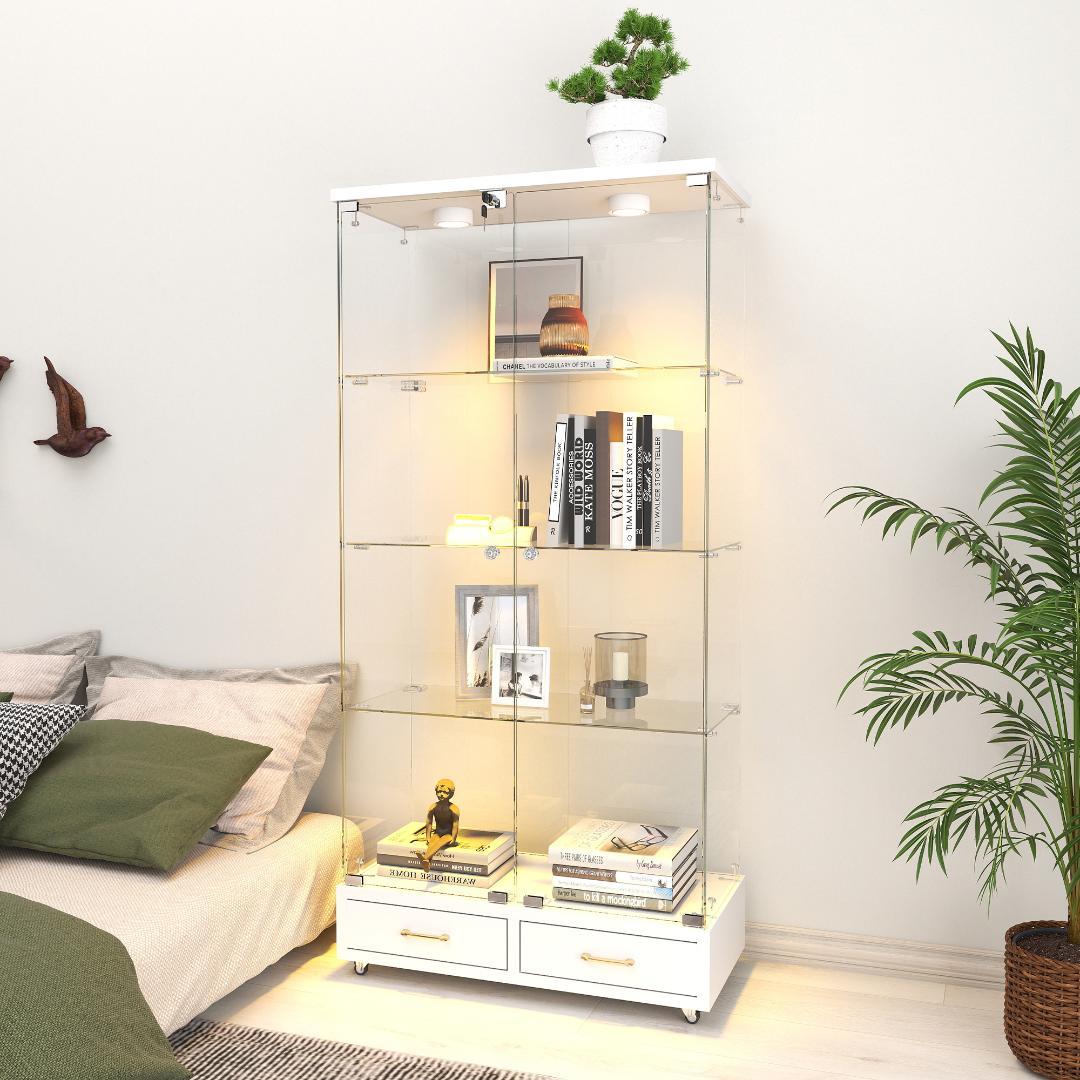 ホワイト LED照明・引出し付 ガラス収納キャビネット4段 両開ドア