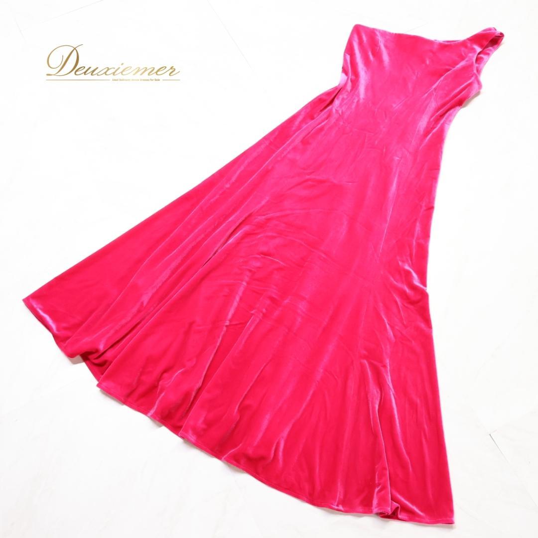 【美品 フラダンス衣装】ショッキングピンク ワンピース ドレス ベロア シンプル