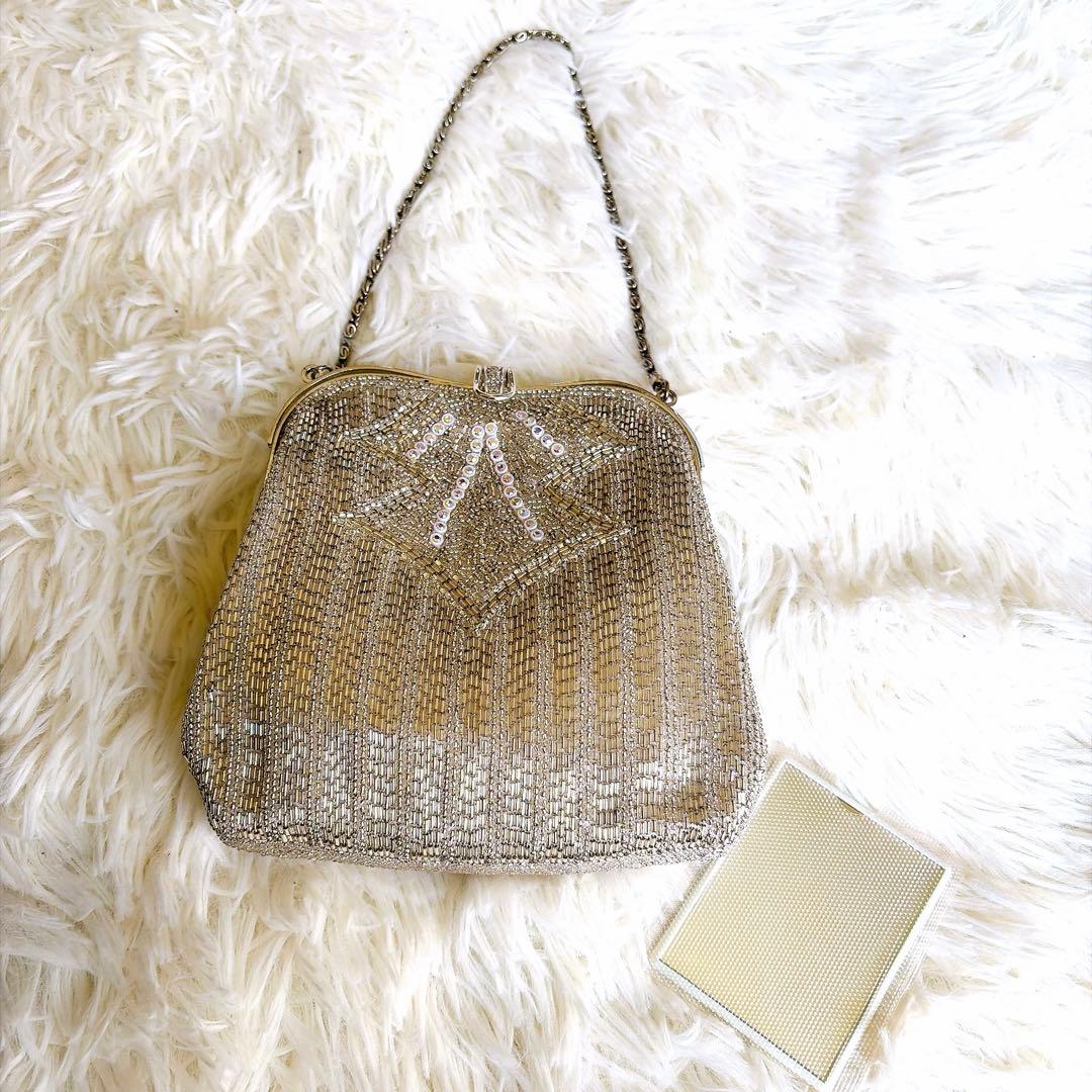 希少デザイン✨ヴィンテージ 総ビーズバッグ 鏡付き オーロラ刺繍 レトロ