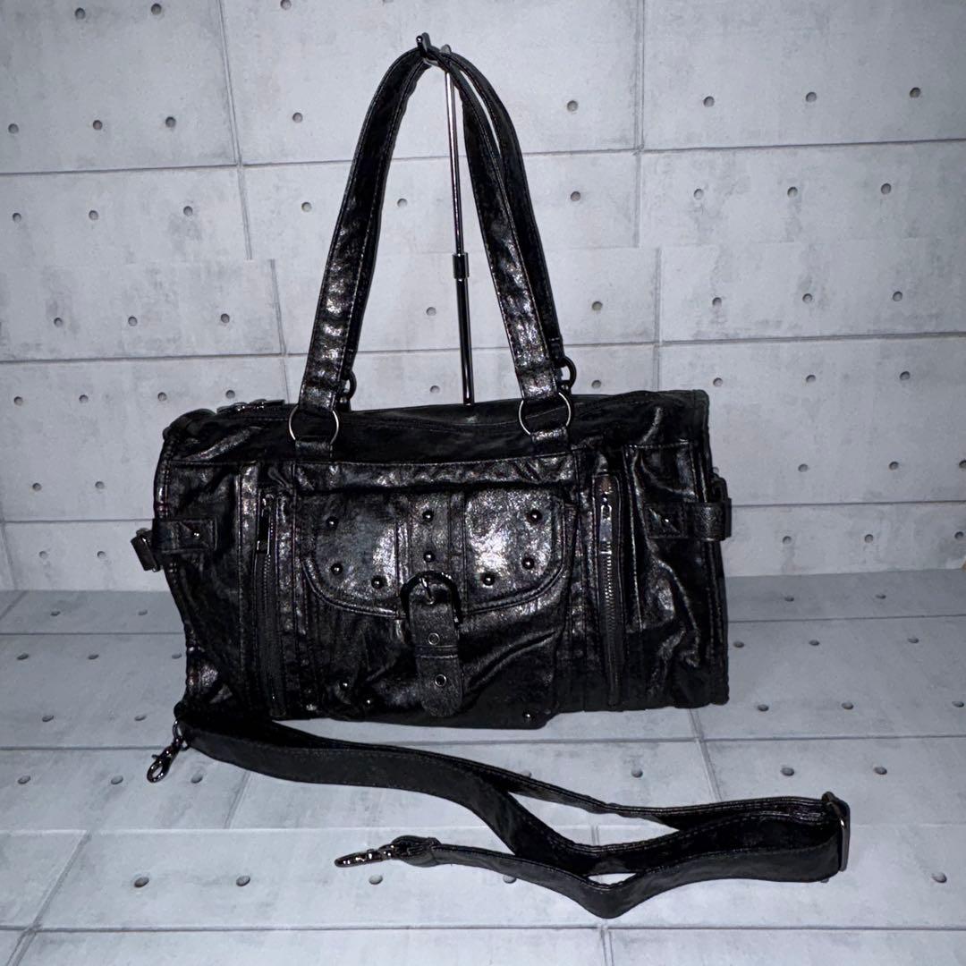 極美品 Y2K 00s ベルト スタッズ 2way トートバッグ ボストン型 黒