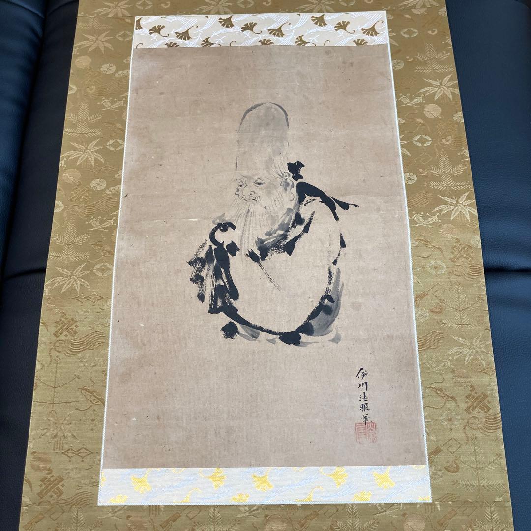 希少　狩野栄信　伊川法眼　寿老人画　長寿の神様　肉質　掛け軸　古美術　骨董品