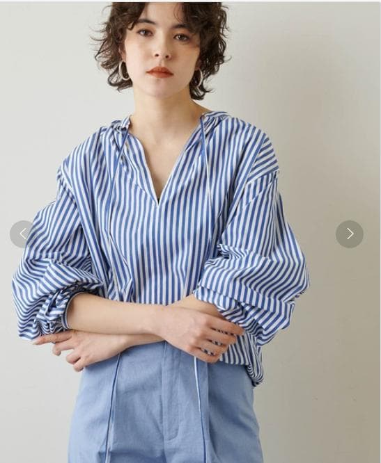 美品.定価2.3万☆ウィムガゼット スキッパーカラー リボンブラウス ストライプ