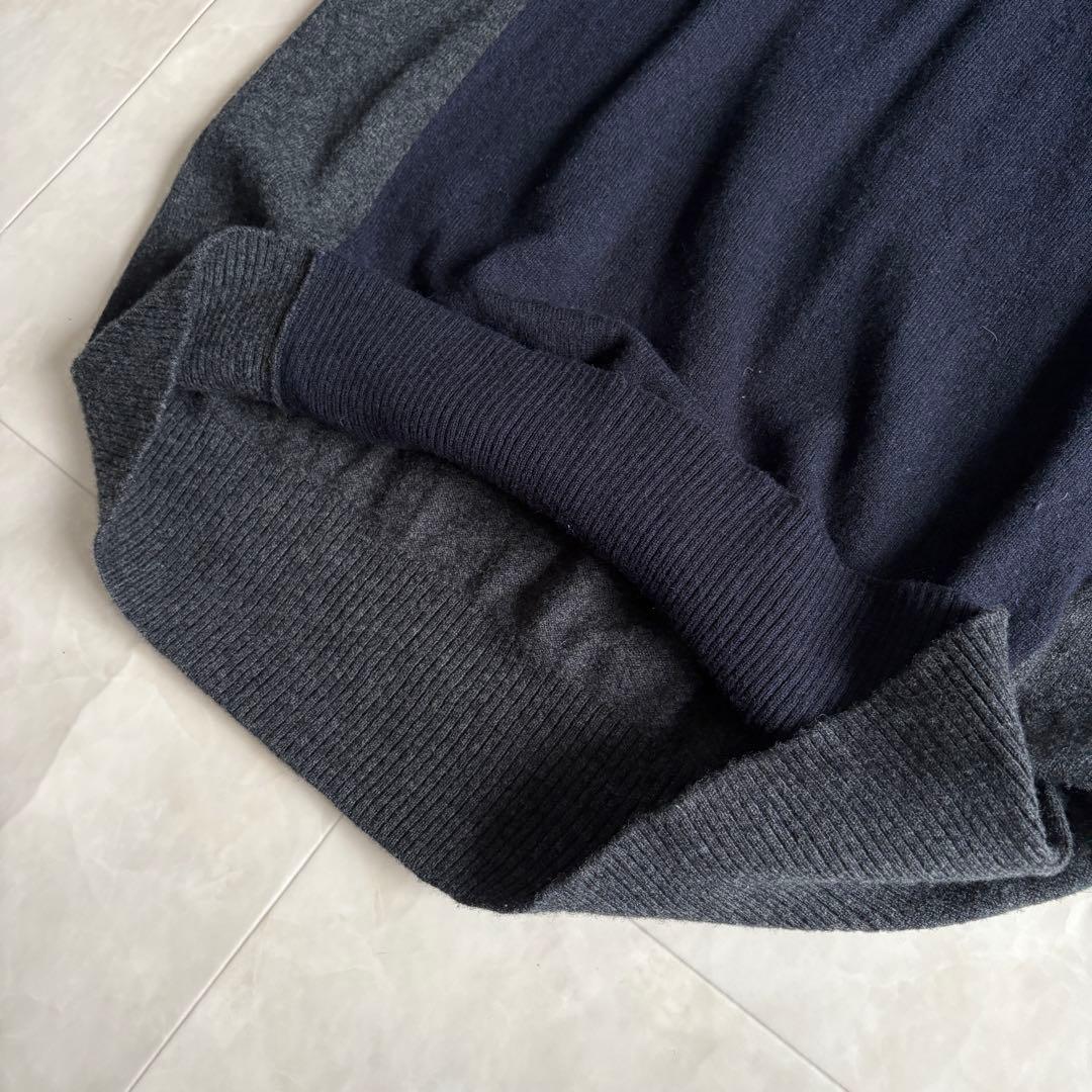 23区 カシミヤ混バイカラーVネックロングニットワンピ 紺×灰44 大きいサイズ