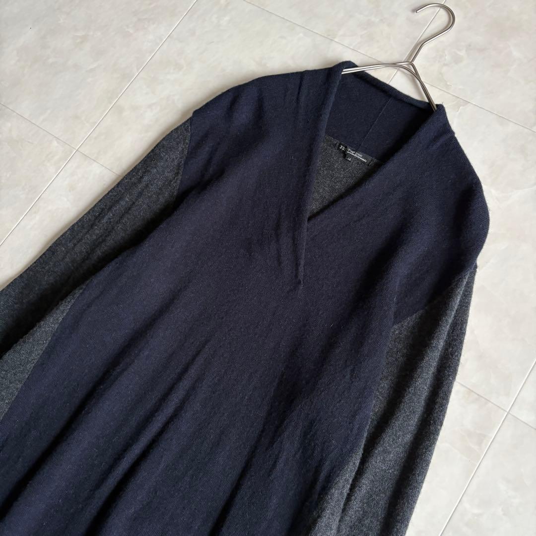 23区 カシミヤ混バイカラーVネックロングニットワンピ 紺×灰44 大きいサイズ