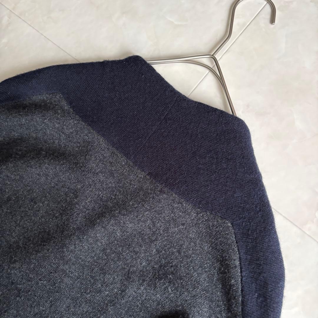 23区 カシミヤ混バイカラーVネックロングニットワンピ 紺×灰44 大きいサイズ