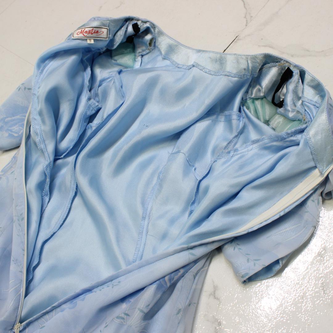 【美品 社交ダンス衣装】ワンピース ドレス 花柄 水色 ライトブルー