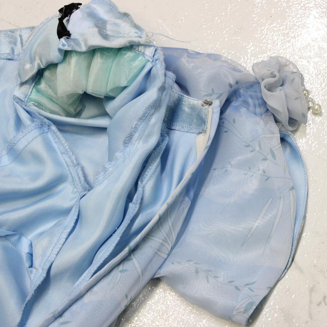 【美品 社交ダンス衣装】ワンピース ドレス 花柄 水色 ライトブルー