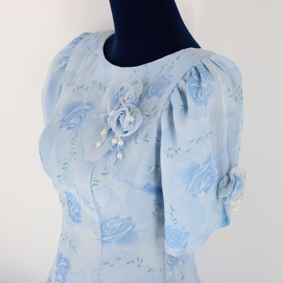 【美品 社交ダンス衣装】ワンピース ドレス 花柄 水色 ライトブルー