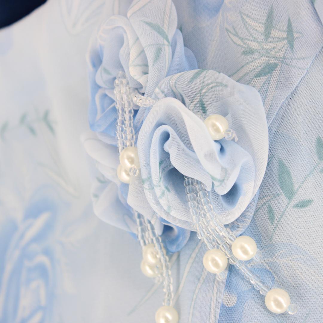 【美品 社交ダンス衣装】ワンピース ドレス 花柄 水色 ライトブルー