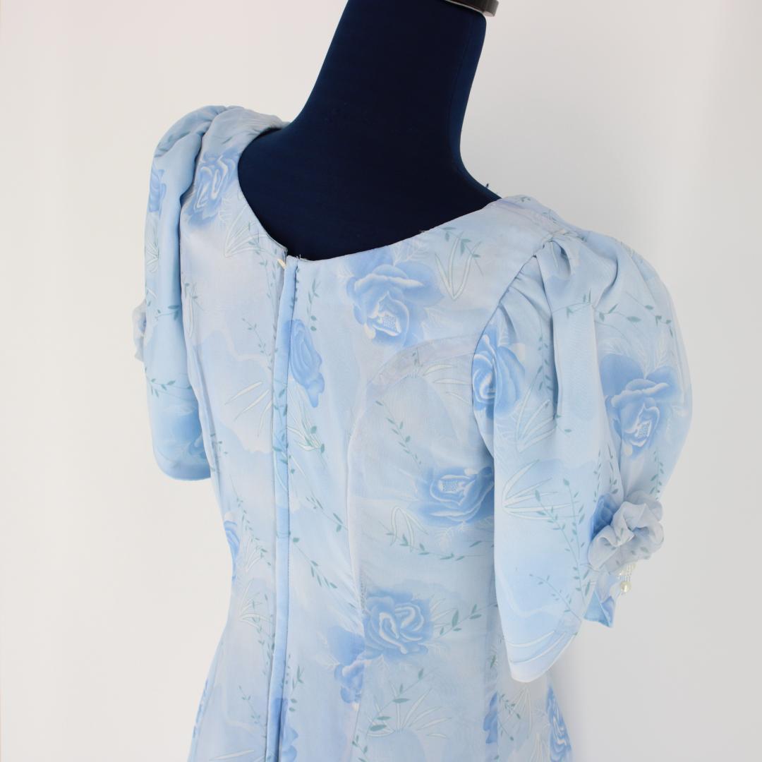 【美品 社交ダンス衣装】ワンピース ドレス 花柄 水色 ライトブルー