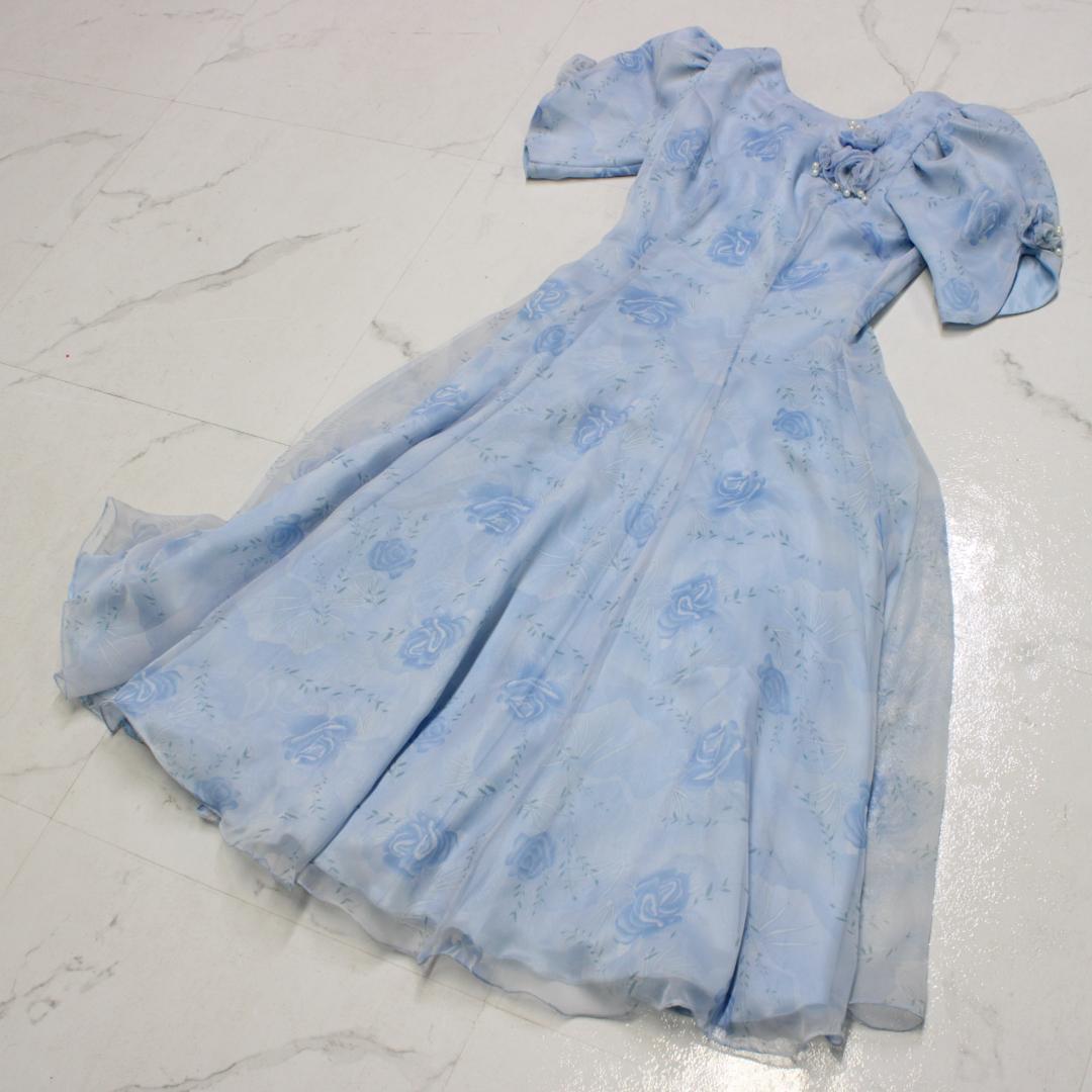 【美品 社交ダンス衣装】ワンピース ドレス 花柄 水色 ライトブルー