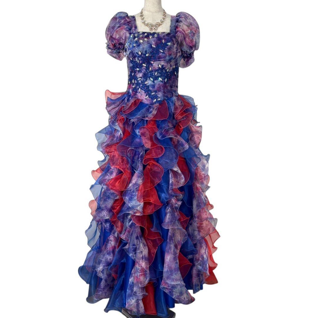 ステージ衣装 ロングドレス フリル ボリューム 紫 赤 ビジュー カラオケ大会