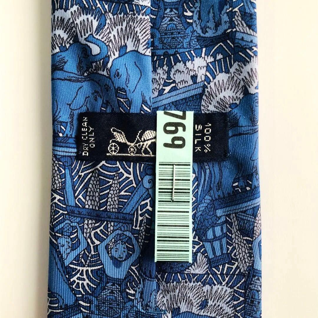 HERMES ネクタイ スカーフ柄 ブルー