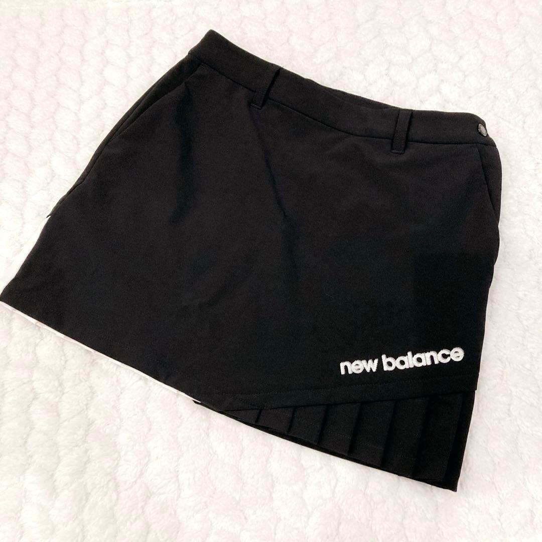 【美品】ニューバランス ストレッチ プリーツ スカート 台形 ブラック 黒 ロゴ