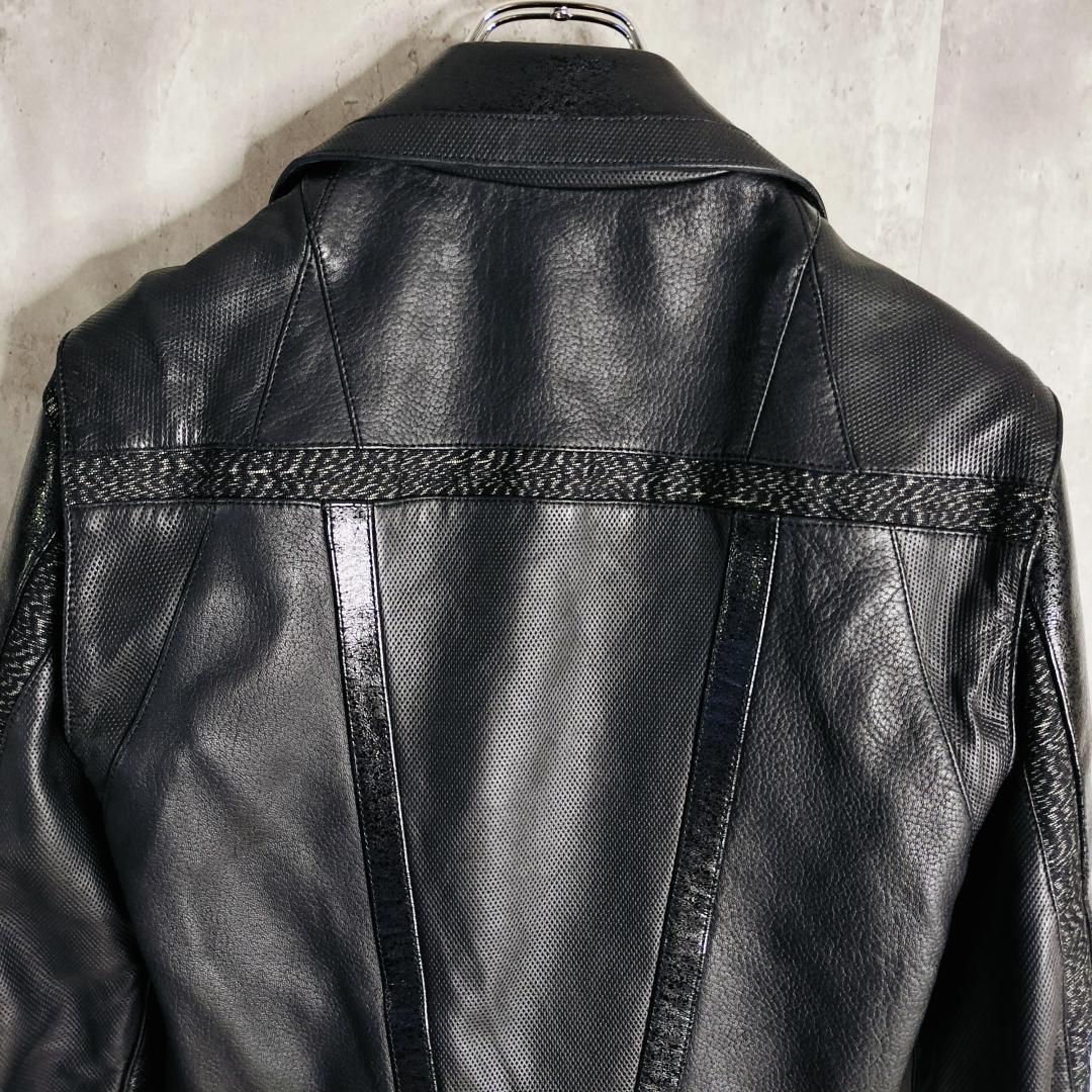 【美品・異素材切替】バレンシアガ 羊革×牛革 レザーダブルライダースジャケット