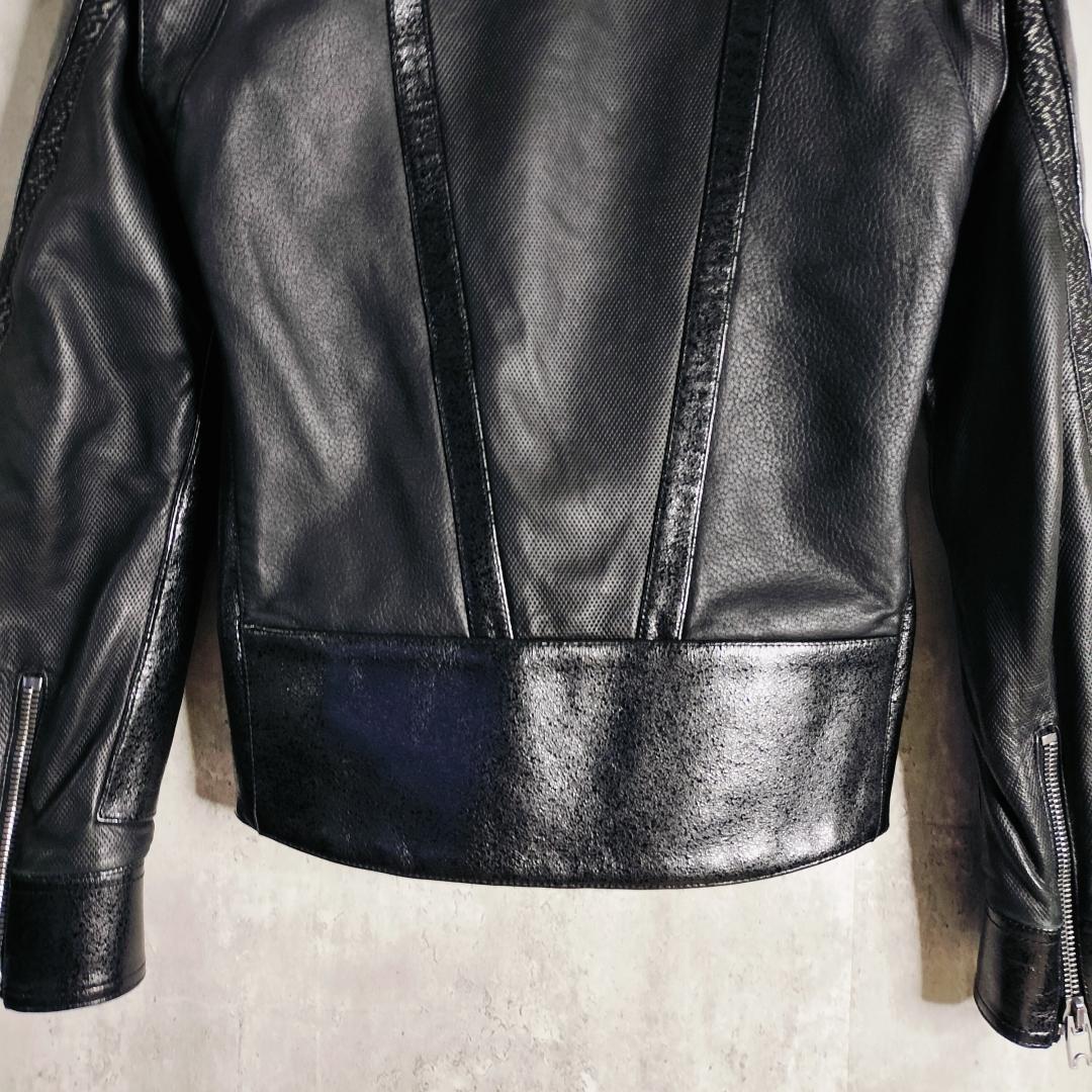 【美品・異素材切替】バレンシアガ 羊革×牛革 レザーダブルライダースジャケット