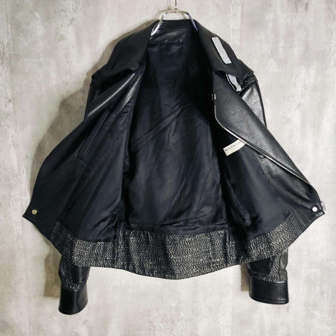 【美品・異素材切替】バレンシアガ 羊革×牛革 レザーダブルライダースジャケット