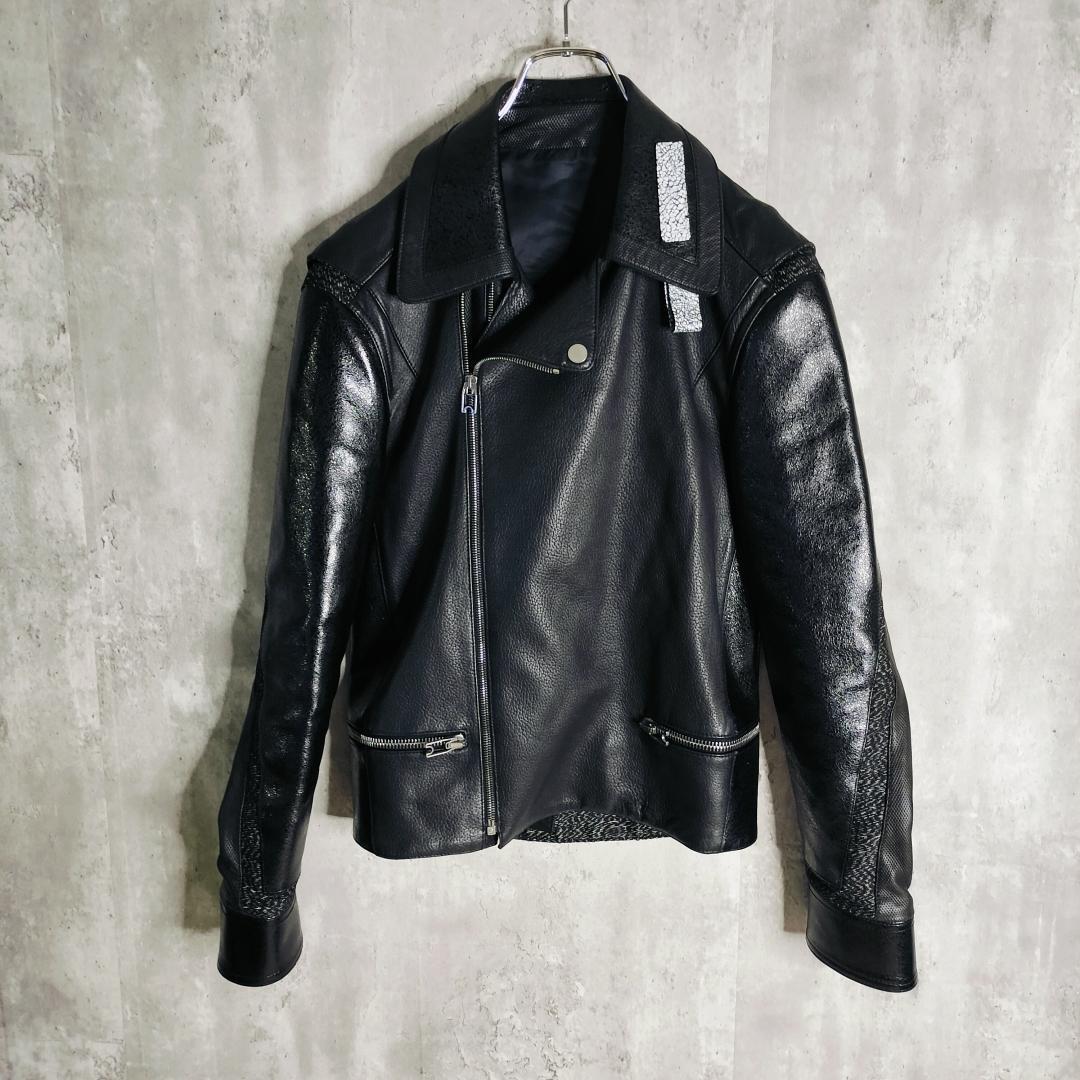 【美品・異素材切替】バレンシアガ 羊革×牛革 レザーダブルライダースジャケット