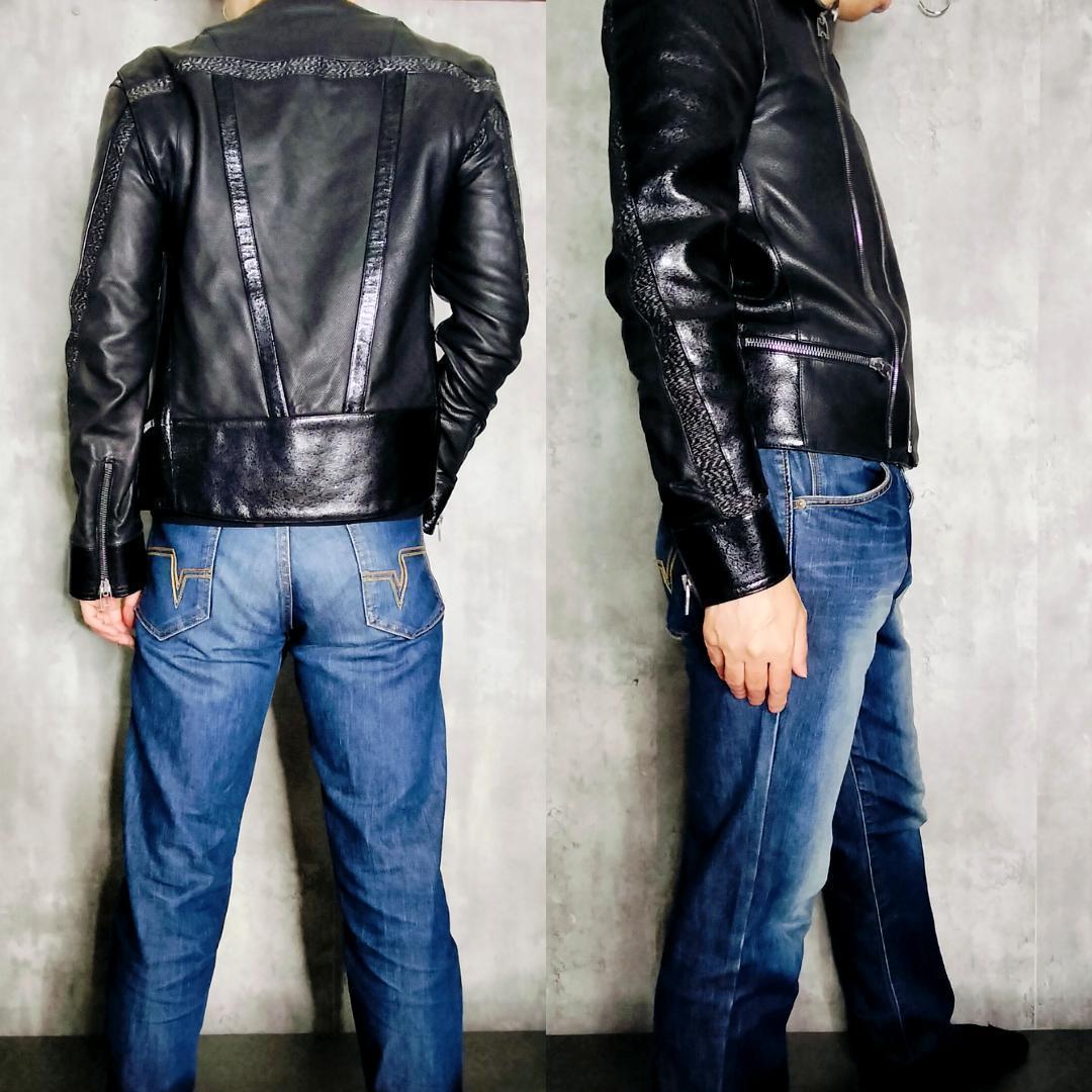 【美品・異素材切替】バレンシアガ 羊革×牛革 レザーダブルライダースジャケット