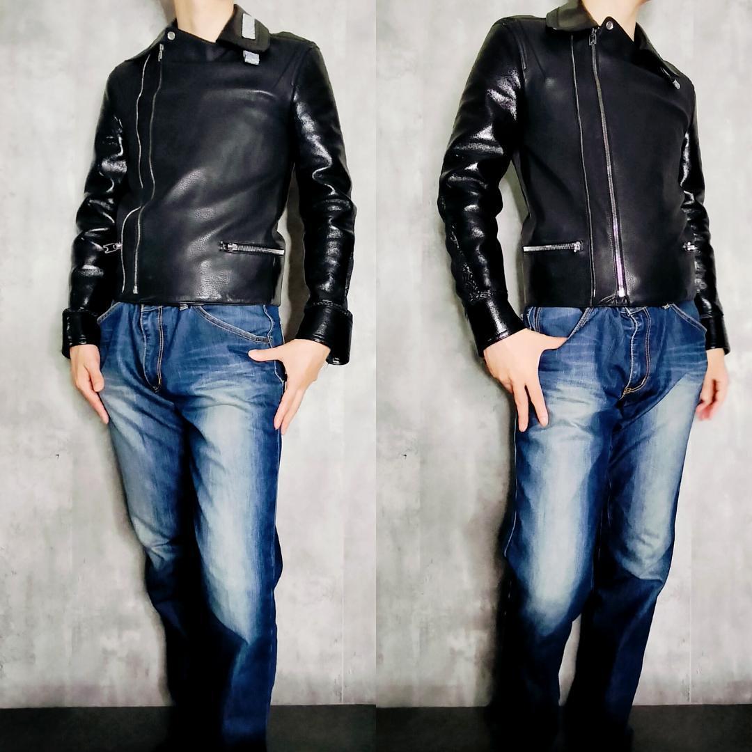 【美品・異素材切替】バレンシアガ 羊革×牛革 レザーダブルライダースジャケット