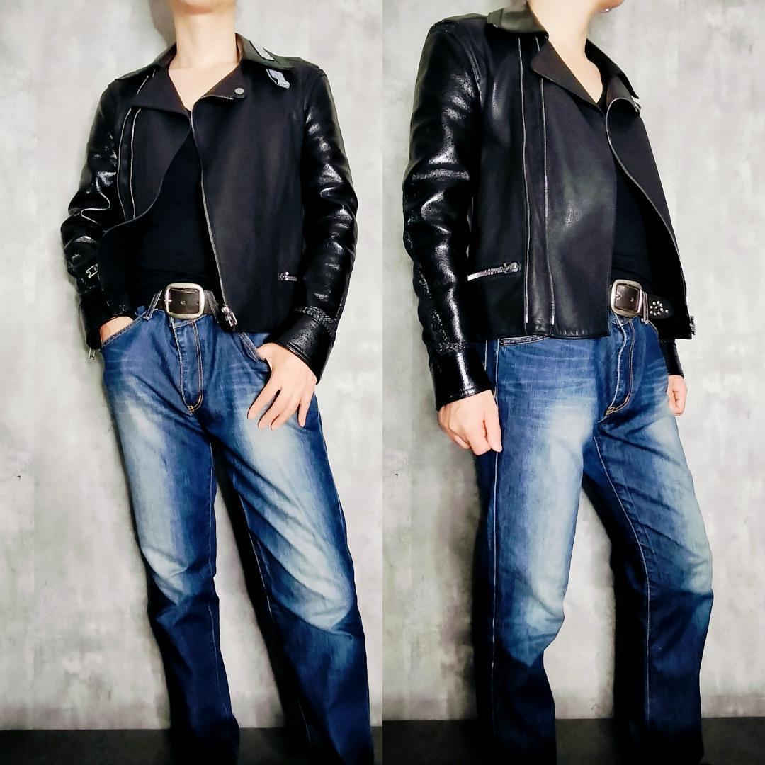 【美品・異素材切替】バレンシアガ 羊革×牛革 レザーダブルライダースジャケット