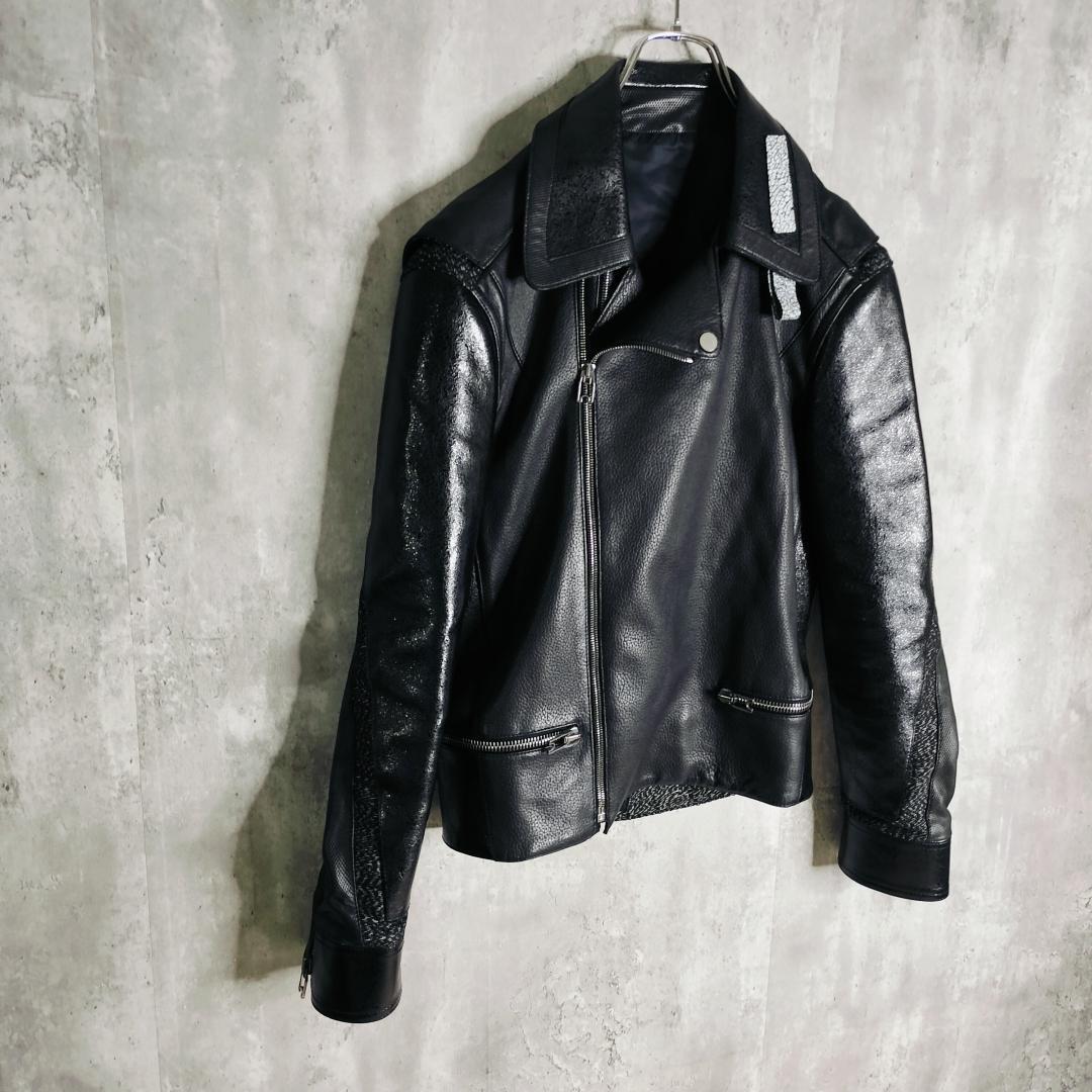 【美品・異素材切替】バレンシアガ 羊革×牛革 レザーダブルライダースジャケット